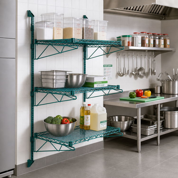 Product image #2 for Quantum Cantilever Wall-Mounted Starter Shelving Unit with 3 Wire Shelves, 54-Inch Posts, Green Epoxy Antimicrobial Finish