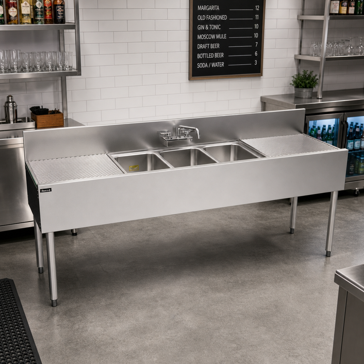 Product image #3 for Top Shelf TS Series 84-Inch Three-Compartment Stainless Steel Underbar Sink with Dual Drainboards
