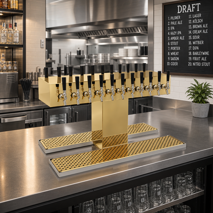 Product image #2 for Single-Column Double-Sided Countertop Draft Dispensing Tower, 20 Faucets, Glycol-Cooled, Polished Brass Finish