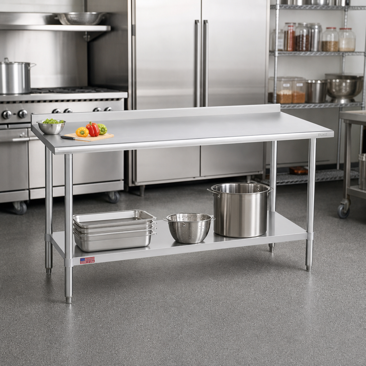 Product image #2 for Duke Deluxe 60 x 36 Inch 16-Gauge 300 Series Stainless Steel Work Table with 1-1/8 Inch Straight Riser and Stainless Undershelf