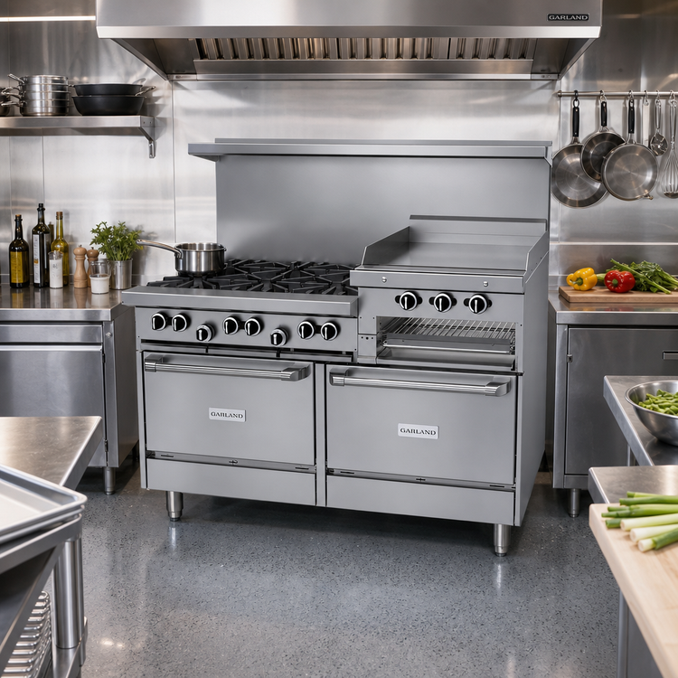 Product image #2 for Garland G Starfire Pro 60-Inch Commercial Gas Range with 6 Open Burners, 24-Inch Raised Griddle/Broiler and 2 Standard Ovens