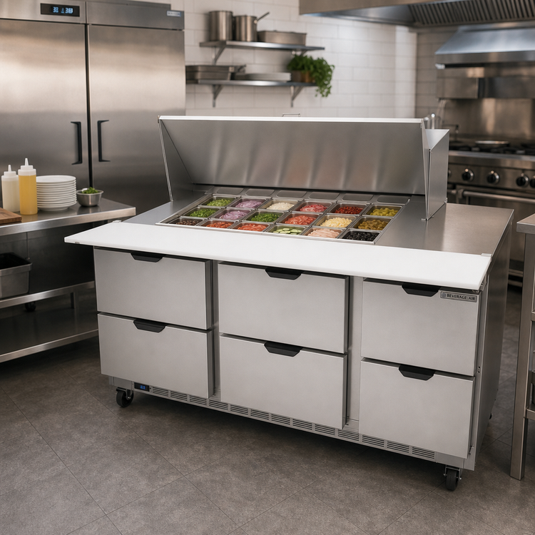 Product image #3 for Beverage-Air 72-Inch Three-Section Mega Top Refrigerated Prep Table with 6 Drawers and 18 1/6-Pan Top