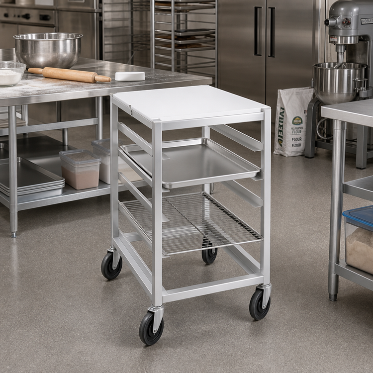 Product image #2 for Single-Section Aluminum Bun Pan Rack Work Table with Poly Top, End Load, 5-Pan Capacity