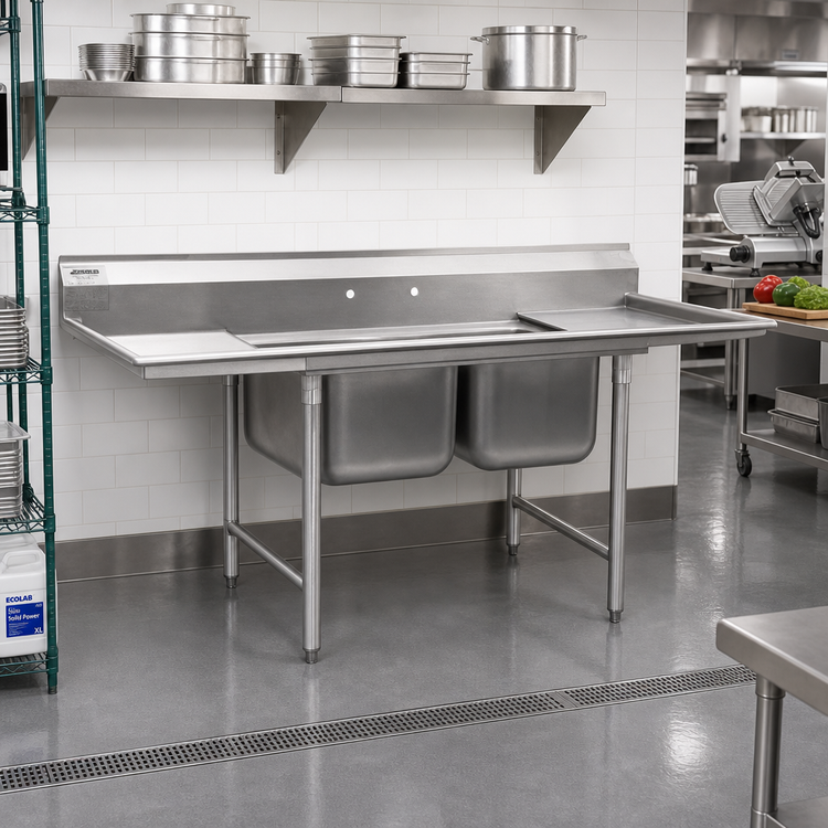 Product image #2 for Eagle Group 314 Series 2-Compartment 304 Stainless Steel Sink with Right-Hand Drainboard, 78-3/4" W x 31-3/4" D
