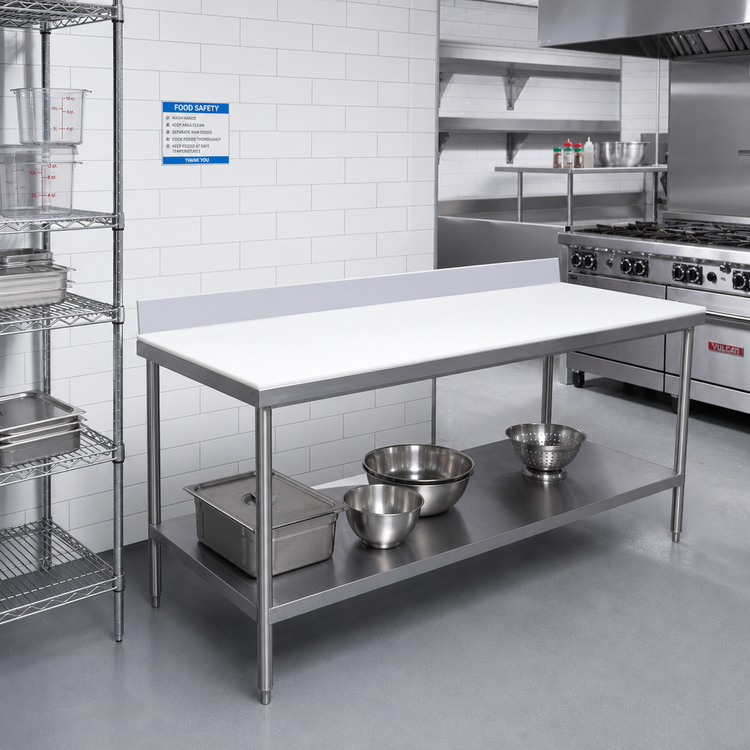Product image #2 for Advance Tabco Poly-Vance 120-Inch x 24-Inch Poly-Top Work Table with 6-Inch Backsplash and Undershelf
