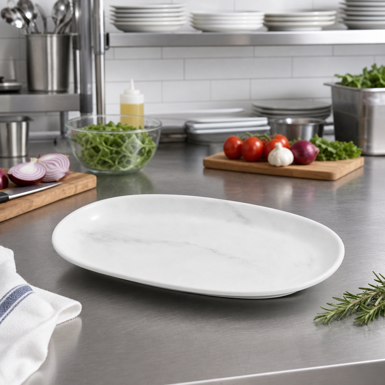 Product image #3 for Ridge 10-Inch Oblong Coupe Melamine Plate, 15 oz., White Marble