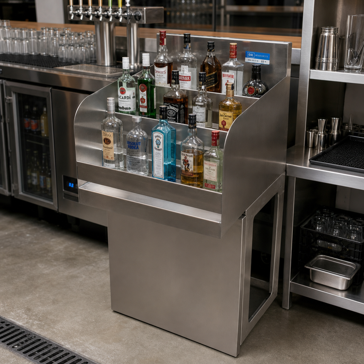 Product image #3 for BK Resources 24-Inch Freestanding Stainless Steel 4-Step Underbar Liquor Display