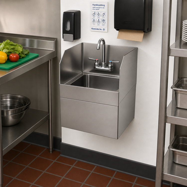 Product image #2 for Glastender Stainless Steel Wall-Mount Hand Sink with Skirt and Side Splashes, 12 x 15 Inches