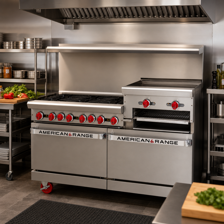 Product image #2 for American Range 60-Inch Commercial Gas Range with 6 Open Burners, 24-Inch Raised Griddle/Broiler, Standard Oven, and Storage Base