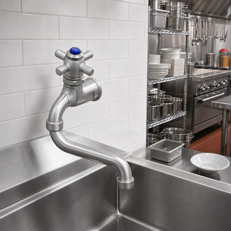 Product image #2 for Heavy-Duty Wall-Mount Self-Closing Single Sink Faucet with 4-Arm Handle