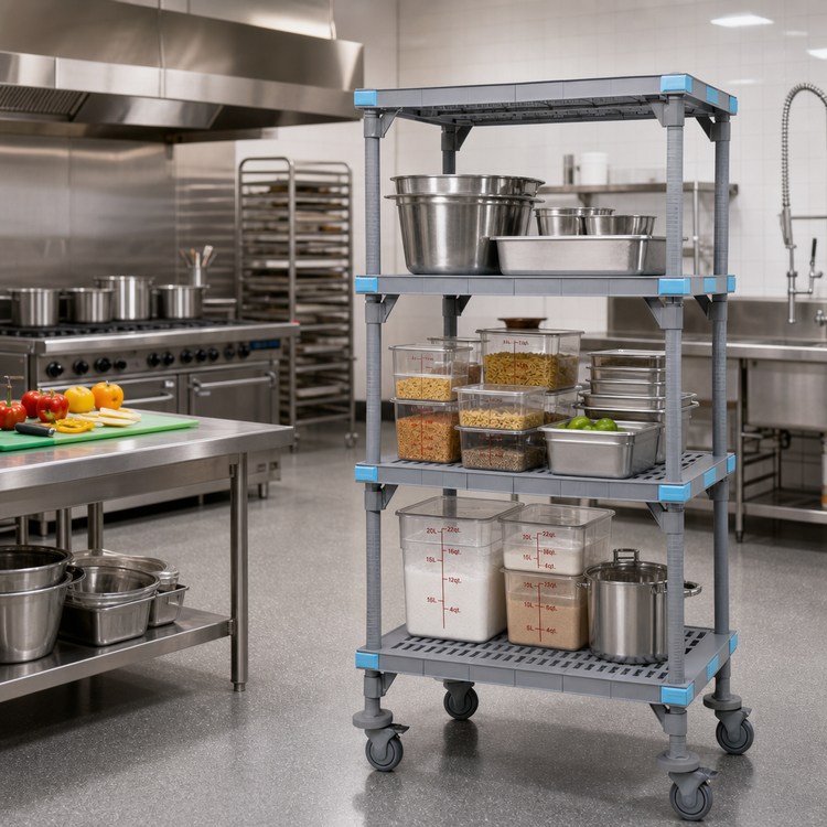 Product image #2 for Quantum Millenia Mobile Polymer Shelving Starter Unit with 4 Open Grid Shelves, 48W x 18D x 74H