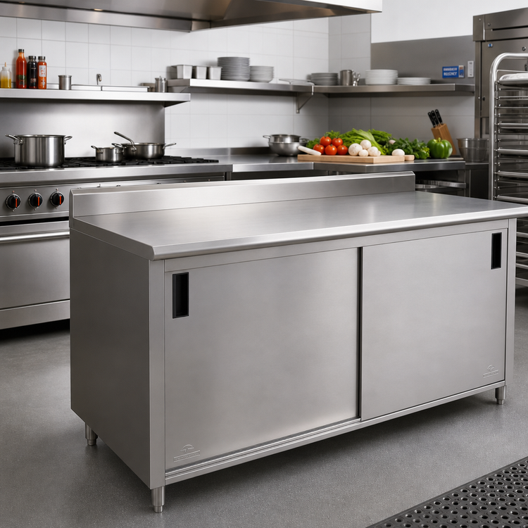 Product image #2 for Advance Tabco 120 in. x 24 in. Enclosed Stainless Steel Work Table with Cabinet Base and Sliding Doors