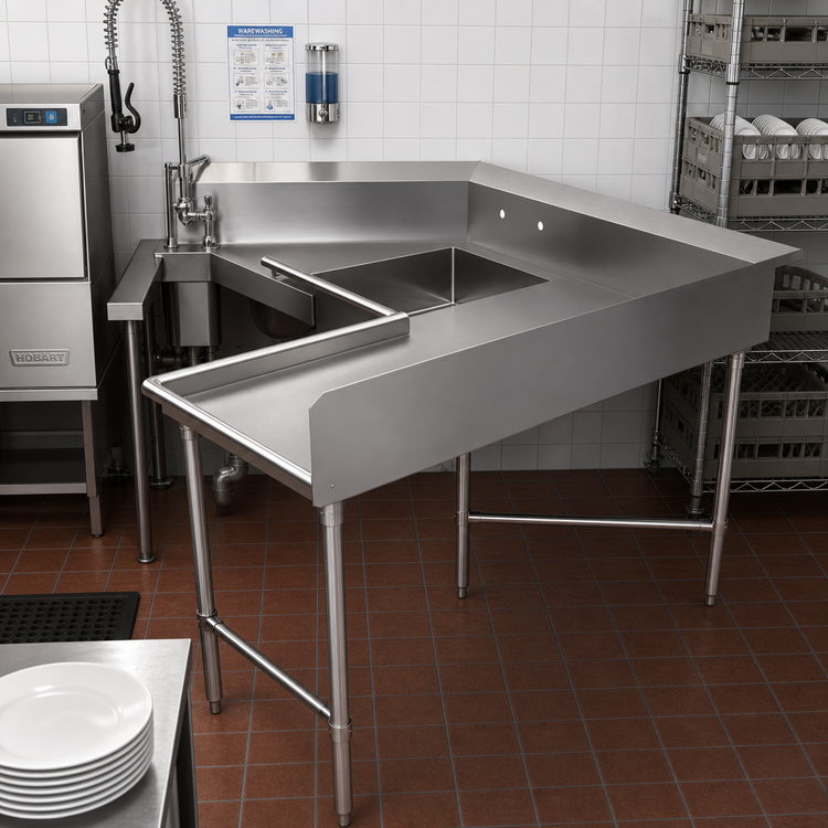 Product image #2 for BK Resources L-Shaped Corner Soiled Dishtable, 60 x 60 Inches, Right-to-Left Operation, 20 x 20 x 8 Bowl