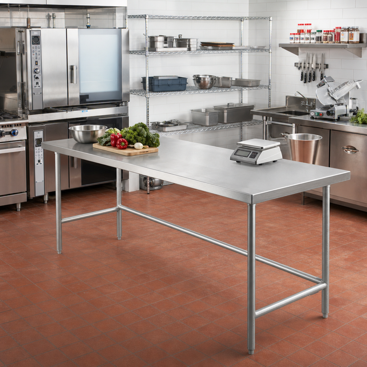Product image #2 for Advance Tabco 144-Inch x 36-Inch 14-Gauge 304 Stainless Steel Work Table with Galvanized Open Base and Countertop Edge