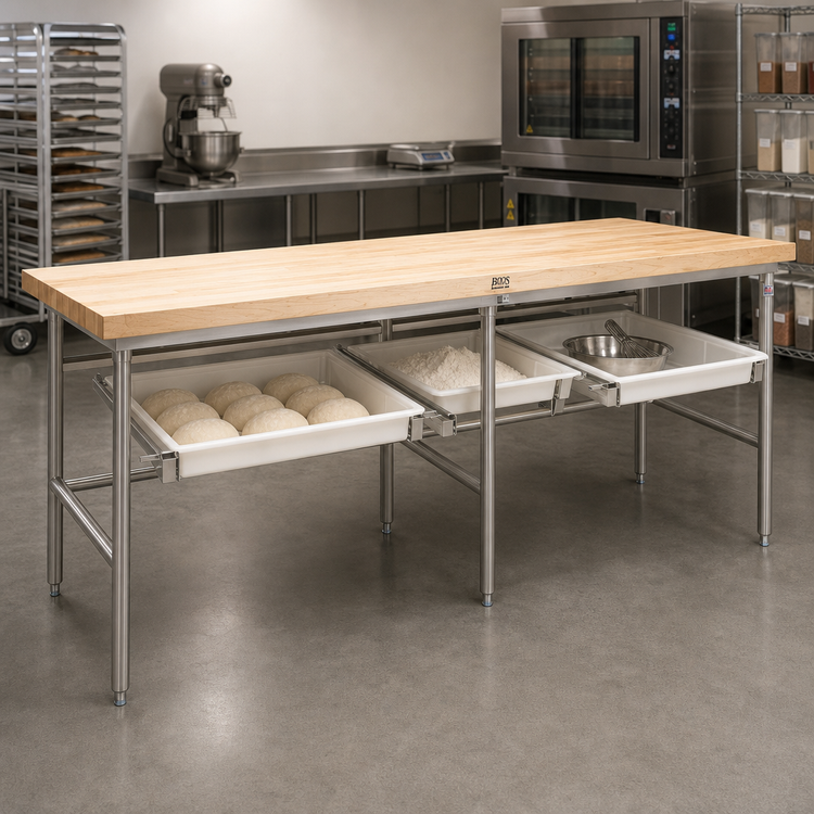 Product image #2 for John Boos Stainless Steel Baker's Table Frame with Bin Stops and Guides for 60 x 36 Inch Top