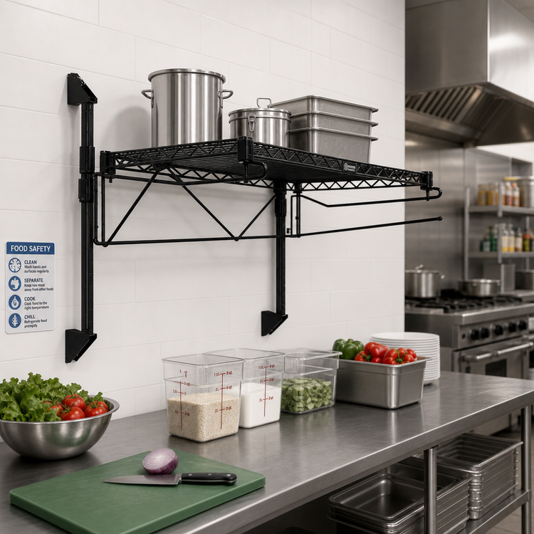 Product image #2 for Quantum Cantilever Single Shelf Wall-Mount Wire Shelving Unit, 24 x 18 Inch, Black Epoxy Antimicrobial Finish