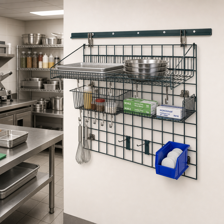Product image #2 for Quantum Store Grid Standard-Duty Wall-Mount Shelving Starter Kit with Shelf, Basket, Bin Holder, and Clear Bin