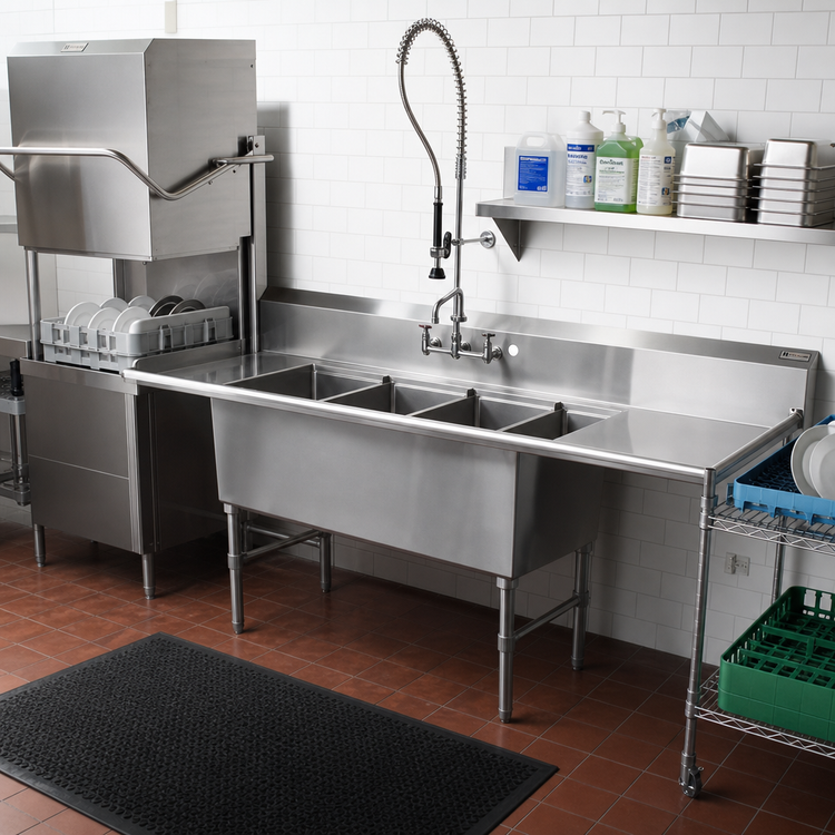 Product image #2 for John Boos Three-Compartment Stainless Steel Dishtable/Pot Sink with Dual 24-Inch Drainboards and Left-Side Dish Machine Opening