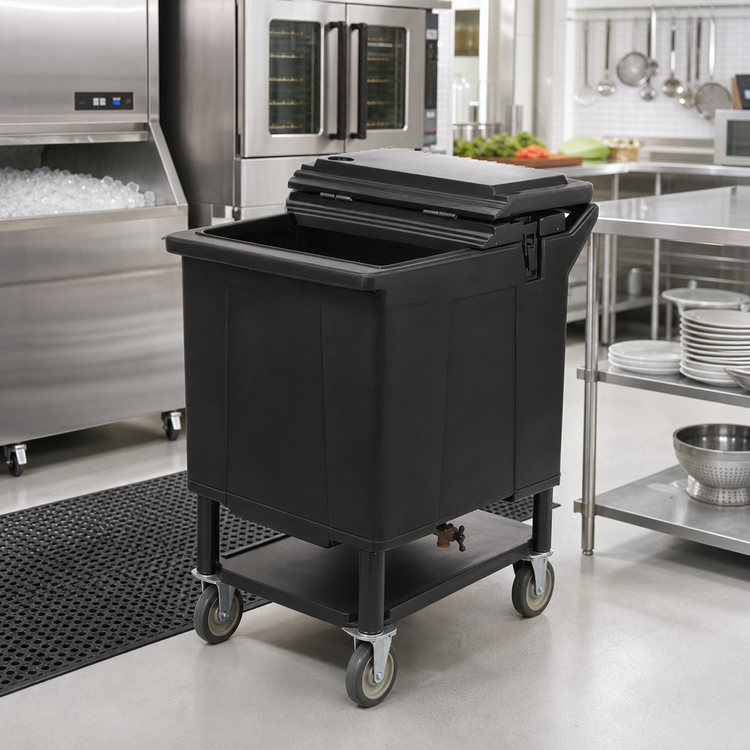Product image #3 for Cateraide™ 125 lb. Mobile Insulated Ice Caddy with Shelf and Drain Faucet, Black