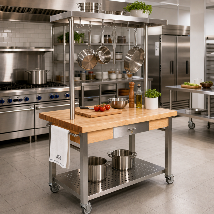 Product image #3 for John Boos Cucina Grande 48-Inch Maple Wood Top Work Table with Pot Rack, Drawer, Towel Bars and Locking Casters