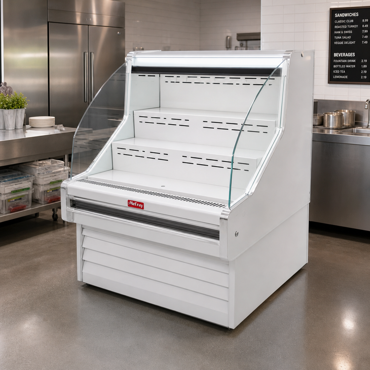 Product image #2 for Howard-McCray 35E Series Curved Glass Remote Open Merchandiser, 75-Inch W x 44-Inch H, LED Top, White