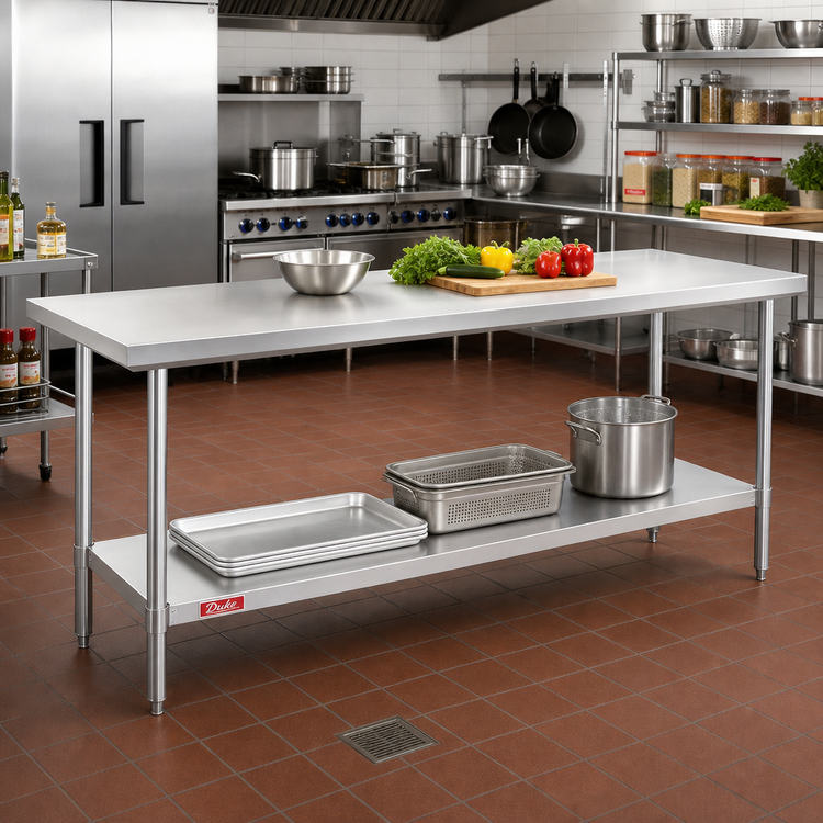 Product image #2 for Duke Flat-Top Stainless Steel Work Table with Undershelf and Posts, 144-Inch x 24-Inch x 36-Inch