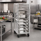 Thumbnail image #2 for Dinex DXPRIUW6417 Mobile Full-Height Aluminum Tray Rack, 17-Pan Capacity, Open-Side, Fixed Slides, 3-1/8-Inch Centers
