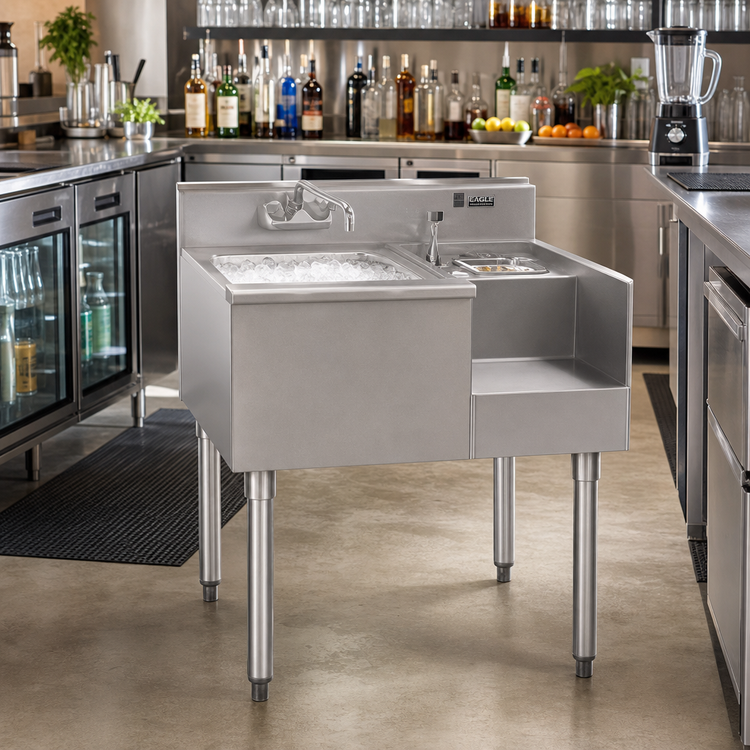 Product image #2 for Eagle Group 1800 Series 36"W x 20"D Underbar Ice Bin/Cocktail Station with Left Ice Bin, 7-Circuit Cold Plate, and Blender Recess