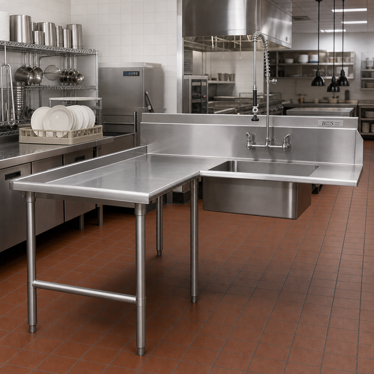 Product image #2 for John Boos Pro-Bowl L-Shaped Island Soiled Dish Table with Pre-Rinse Sink, Left-to-Right, 60 Inch Machine-to-Corner x 72 Inch Corner-to-End