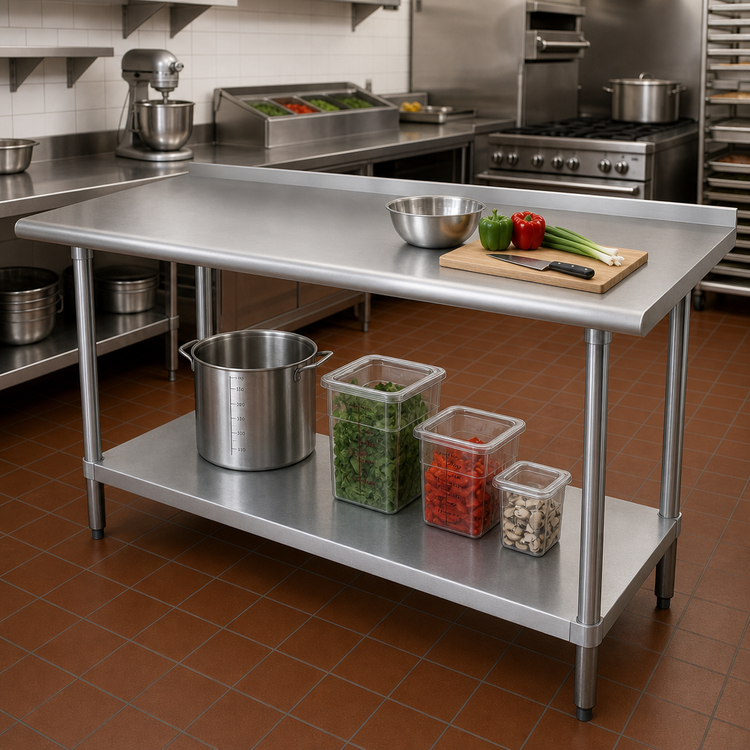 Product image #2 for Advance Tabco FMG-369 108-Inch x 36-Inch 304 Stainless Steel Work Table with 1-1/2-Inch Rear Splash and Galvanized Undershelf