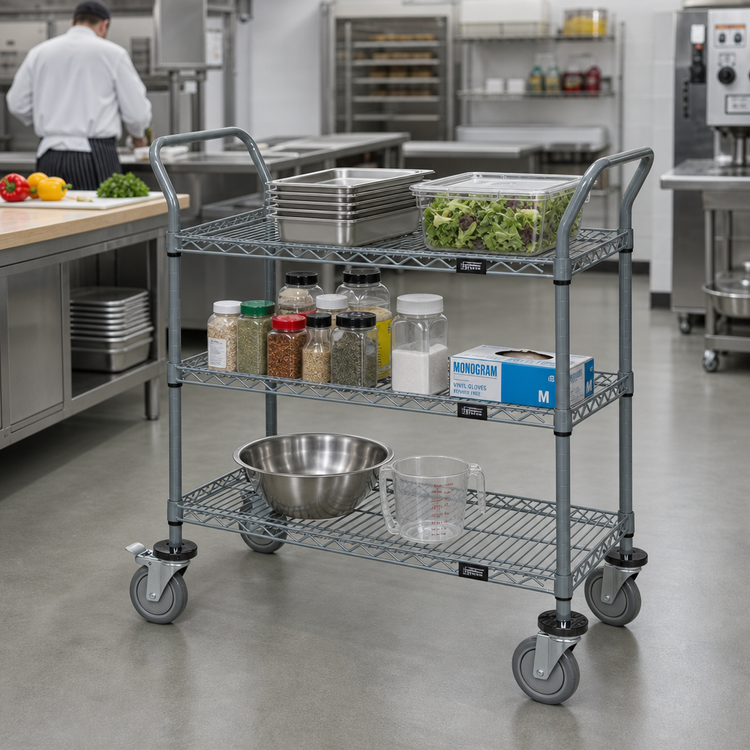 Product image #2 for Quantum 36 x 21-Inch 3-Shelf Wire Utility Bus Cart with U-Shaped Handles, Gray Epoxy Finish