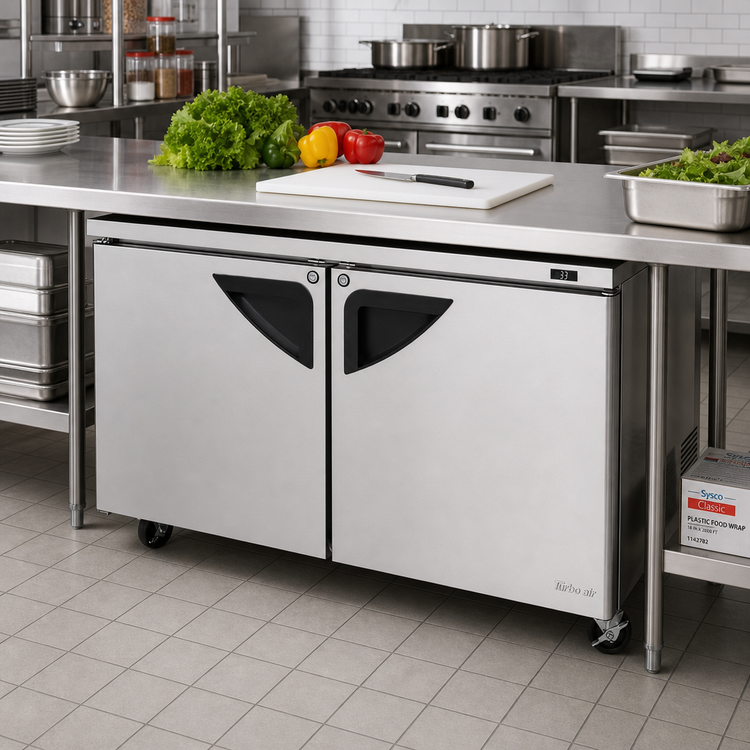 Product image #2 for Turbo Air Super Deluxe Series Two-Section Undercounter Refrigerator, 17 Cu. Ft., 60-1/4 Inch Wide, Self-Contained Rear-Mount, Stainless Steel