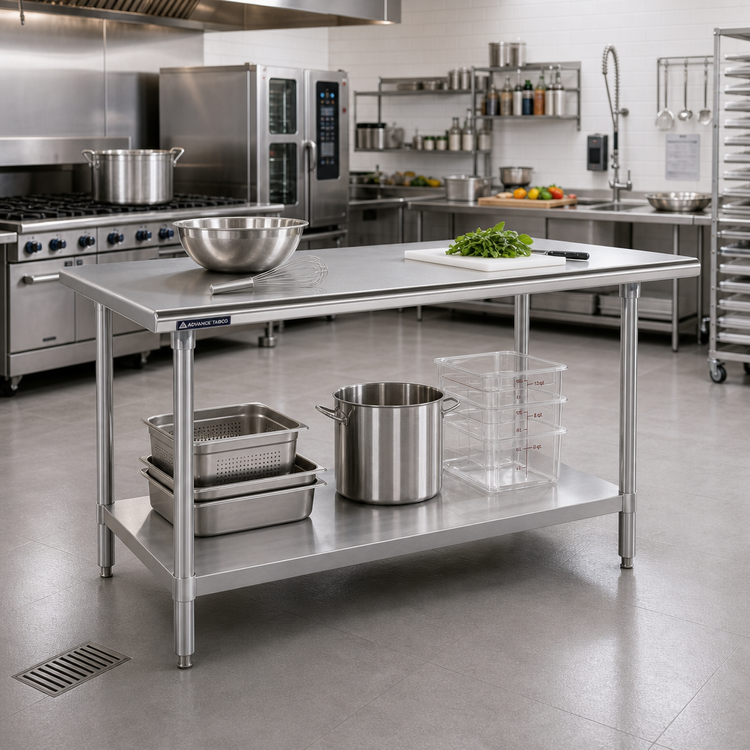 Product image #2 for Advance Tabco 60" x 30" Stainless Steel Flat Top Work Table with Adjustable Undershelf