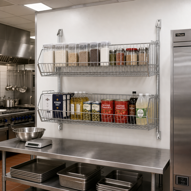 Product image #2 for Quantum Cantilever Basket Post Wall Mount Rack with 2 Wire Baskets, 48 x 20 x 34 Inches, Chrome Plated