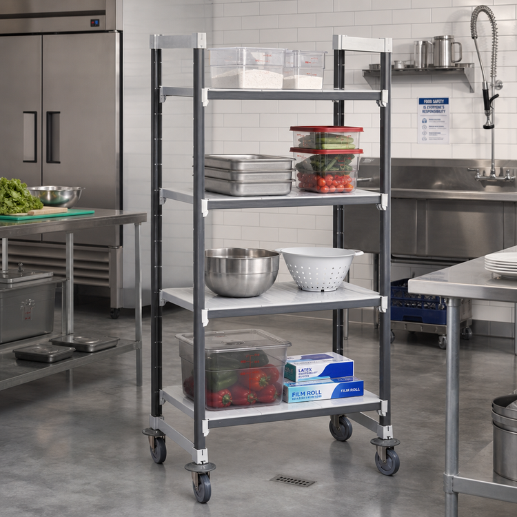 Product image #2 for Cambro Camshelving Elements XTRA 4-Tier High Density Mobile Starter Unit, Solid Shelving, 21"W x 36"L x 70-1/4"H, Speckled Gray