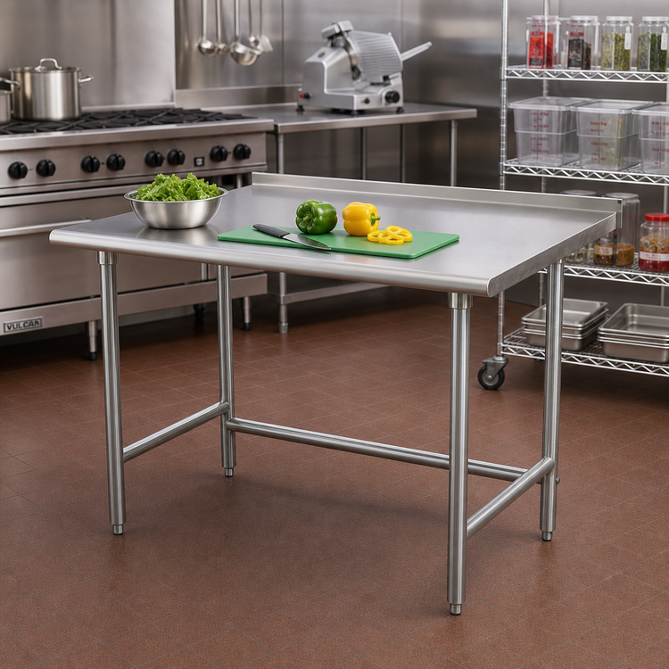 Product image #2 for Advance Tabco Special Value Series 48-Inch x 36-Inch Open Base Stainless Steel Top Work Table with 1-1/2-Inch Rear Backsplash