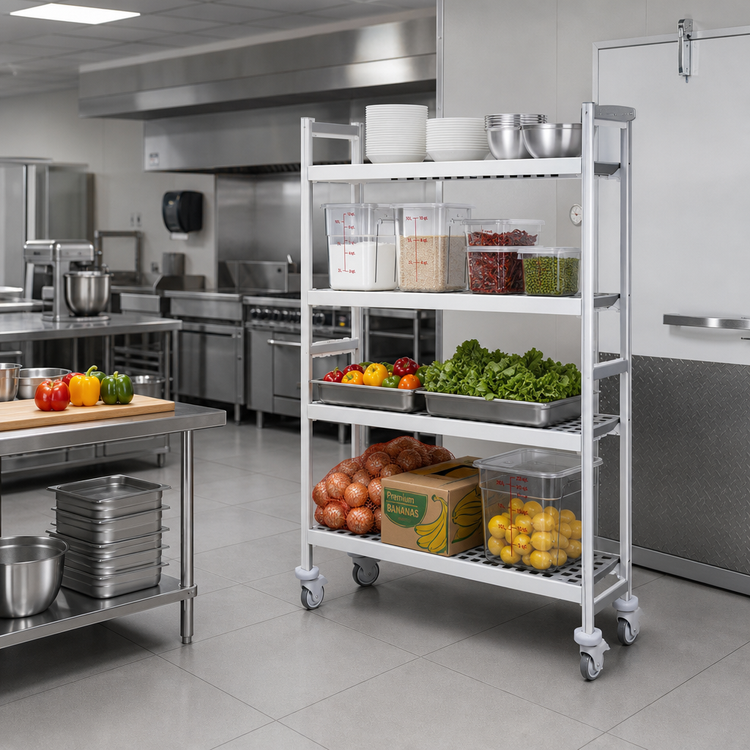 Product image #2 for Fermostock 4-Tier Mobile Perforated Polymer Shelving Unit, 52 W x 22 D x 71 H Inches