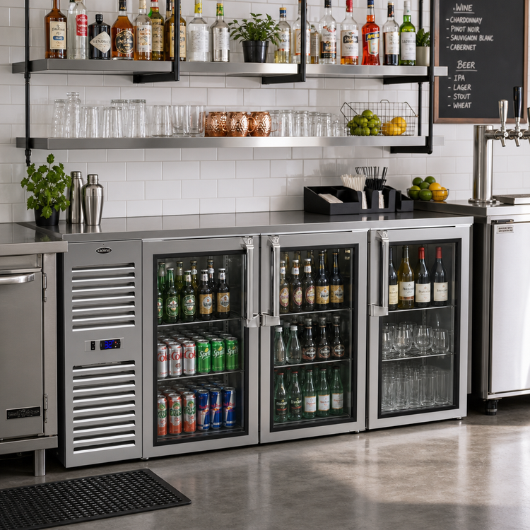 Product image #2 for Krowne NS72 Three-Section Narrow Door Refrigerated Back Bar Storage Cabinet, 72-Inch, Self-Contained Side-Mounted