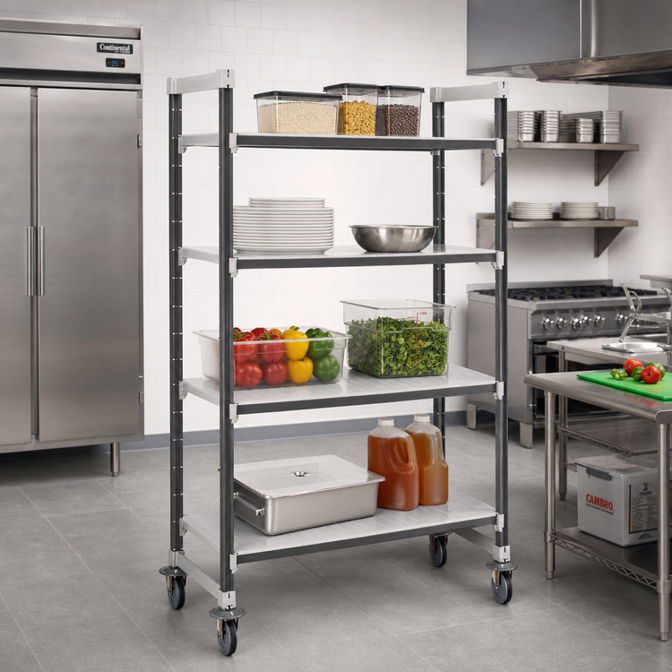 Product image #2 for Cambro Camshelving Elements XTRA High Density Mobile Starter Unit, 21 x 60 x 78 1/4 Inches, 4-Shelf Solid, Speckled Gray