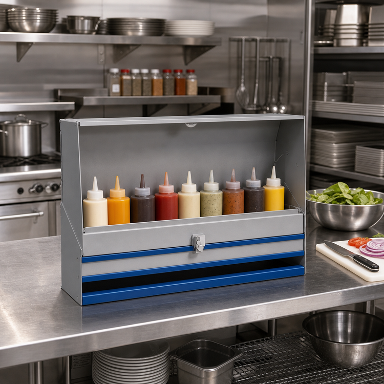 Product image #2 for Advance Tabco Prestige Single-Tier Stainless Steel Speed Rail with Locking Cover, 42-Inch, 10-Bottle Capacity