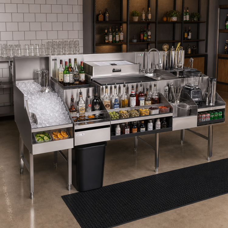 Product image #2 for Glastender All-In-One Underbar Ice Bin/Cocktail Station with Blender Shelf, Sink, and Speed Rail, 60 Inch, 125 lb Ice Capacity