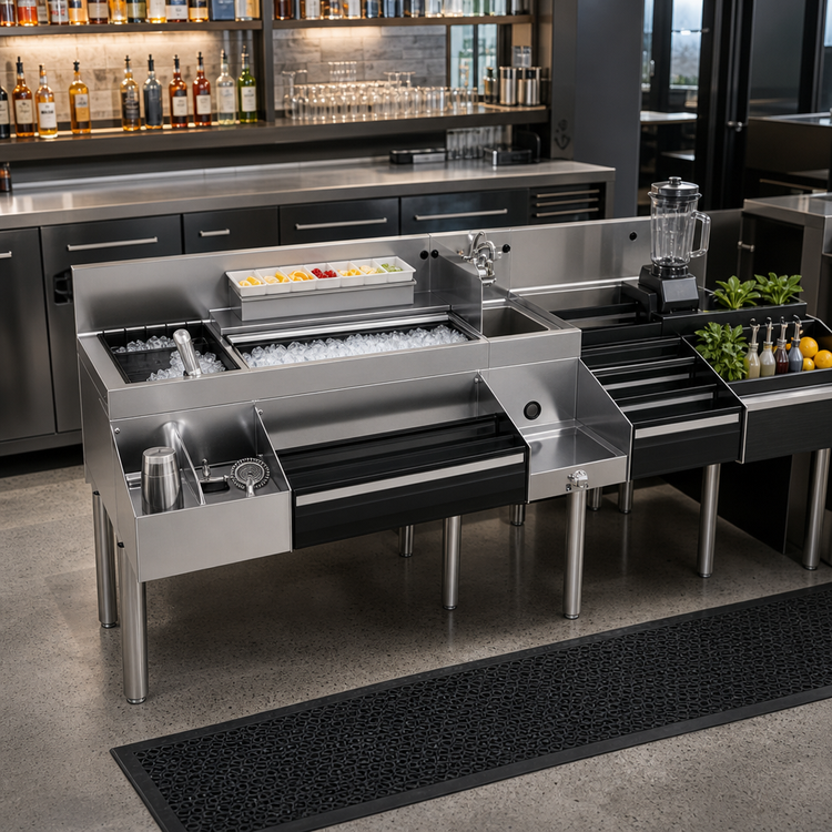 Product image #2 for Glastender 66-Inch All-In-One Underbar Ice Bin/Cocktail Station with Blender Shelf and Wet Waste Sink
