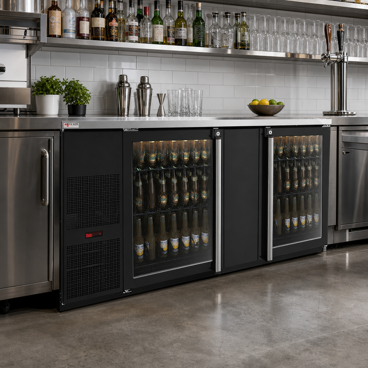 Product image #2 for Pro-Line E-Series Two-Section Refrigerated Back Bar Cabinet with Glass Doors, 69-1/2 Inch Wide, 28 Cu Ft, Self-Contained