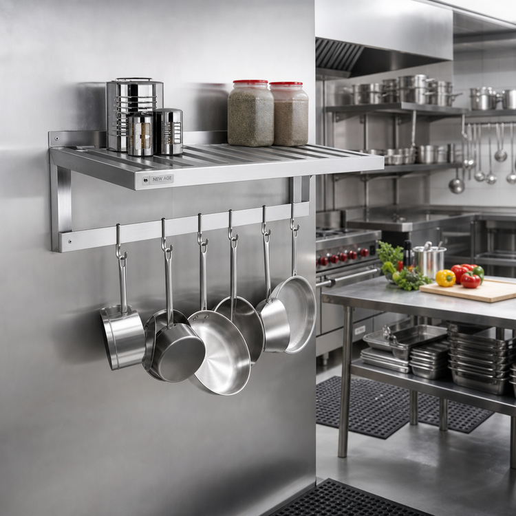 Product image #2 for New Age Wall-Mounted T-Bar Aluminum Shelf with Pot Rack, 36 x 20 Inches, 700 Lb. Capacity, 6 Hooks