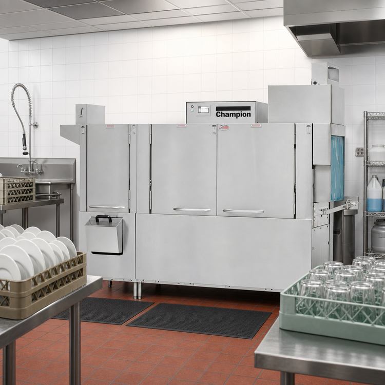 Product image #2 for Champion 86 PRO-FF High-Temperature Steam Two-Tank Front-Feed Rack Conveyor Dishwasher with 22-Inch Prewash