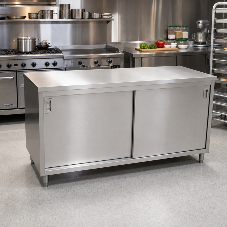 Product image #2 for Omcan USA 60-Inch x 30-Inch x 36-Inch Stainless Steel Enclosed Work Table with Cabinet Base and Sliding Doors