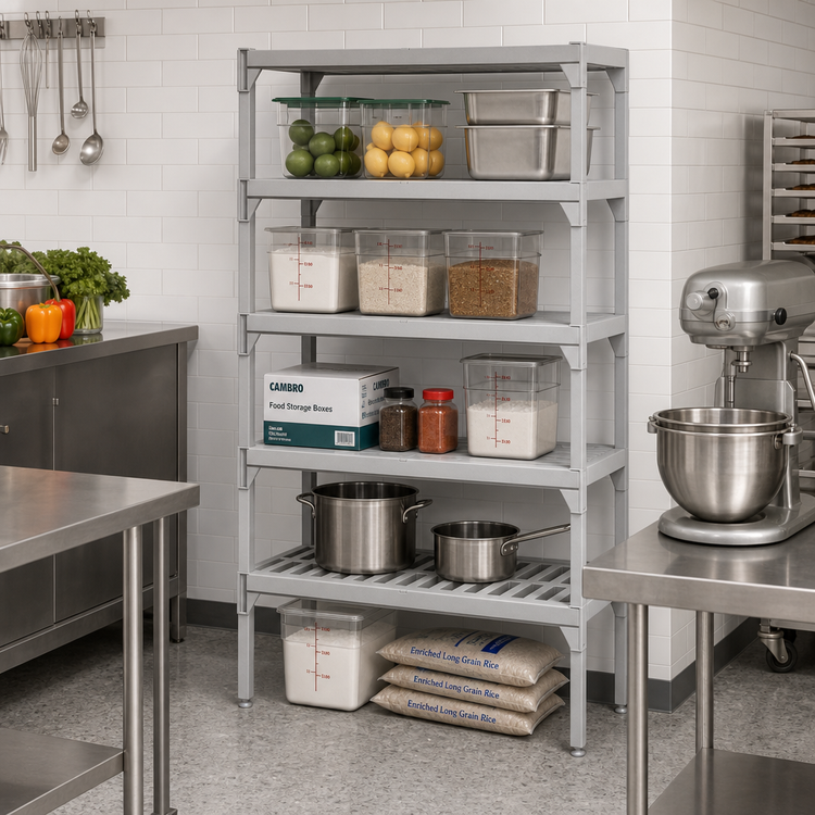 Product image #3 for Cambro Camshelving Premium 18" x 48" 5-Shelf Solid and Vented Polymer Shelf Kit, Speckled Gray