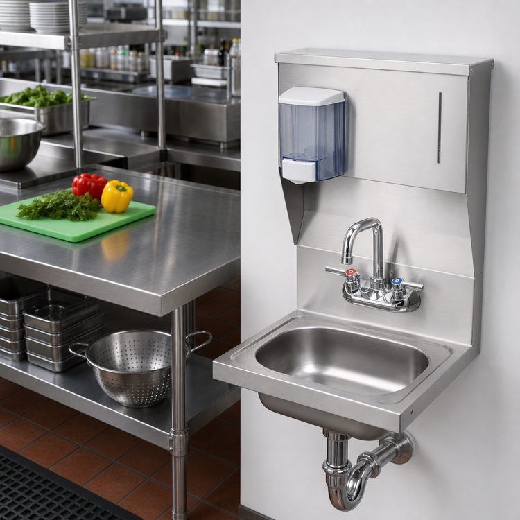 Product image #2 for Krowne Wall-Mount Stainless Steel Hand Sink with Gooseneck Faucet and Built-In Soap & Towel Dispenser