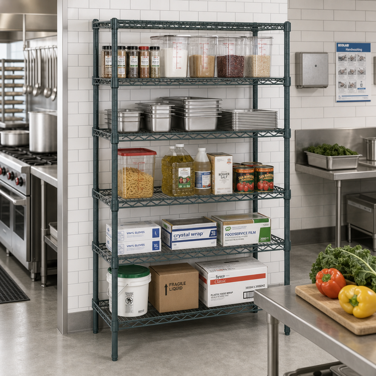Product image #2 for Quantum Stationary Wire Shelving Starter Kit, 72"W x 18"D x 86"H, 5 Shelves, Green Epoxy Antimicrobial Finish