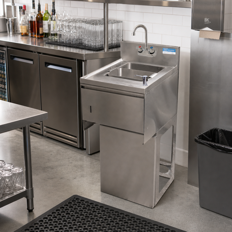 Product image #3 for BK Resources Slimline Underbar Dump Sink with Splash-Mount Faucet, Soap Dispenser and Towel Dispenser, 15-1/2 Inch Wide